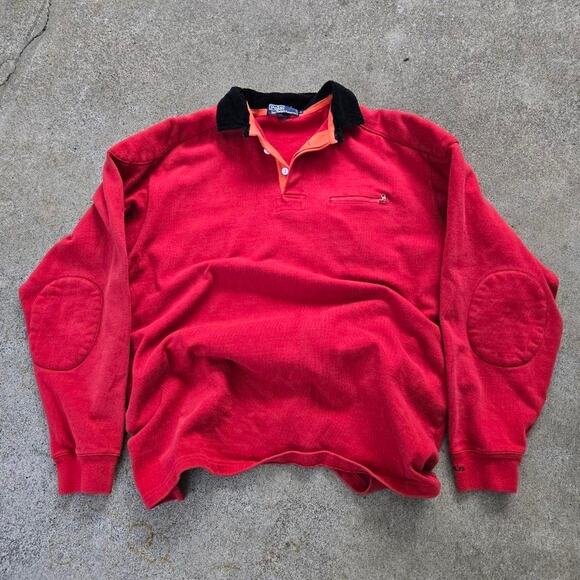 Vtg 90s POLO RALPH LAUREN Plain Cargo Pocket Double Face Polo Shirt Red XL - Picture 1 of 6